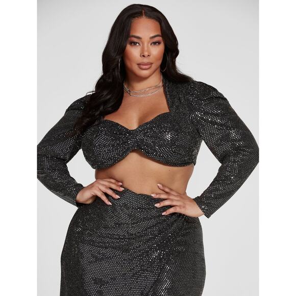 Fashion to Figure Leandra Black Puff Sleeve Metallic Sequin Ruched Crop Top Sz L - Picture 2 of 9